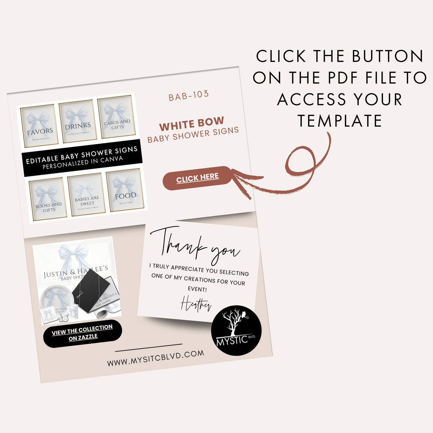 Editable Elegant Blue Bow Baby Shower Sign Bundle Canva Template