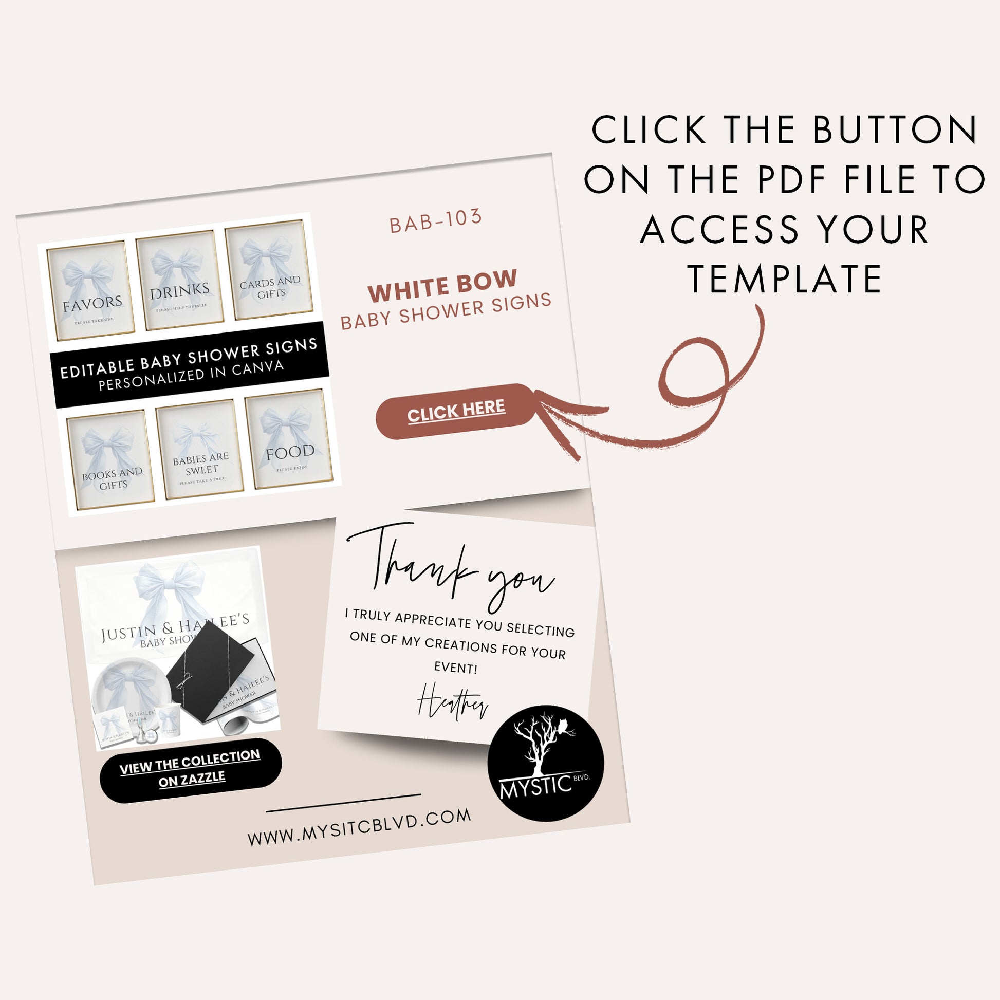 Editable Elegant White Bow Baby Shower Sign Bundle Canva Template