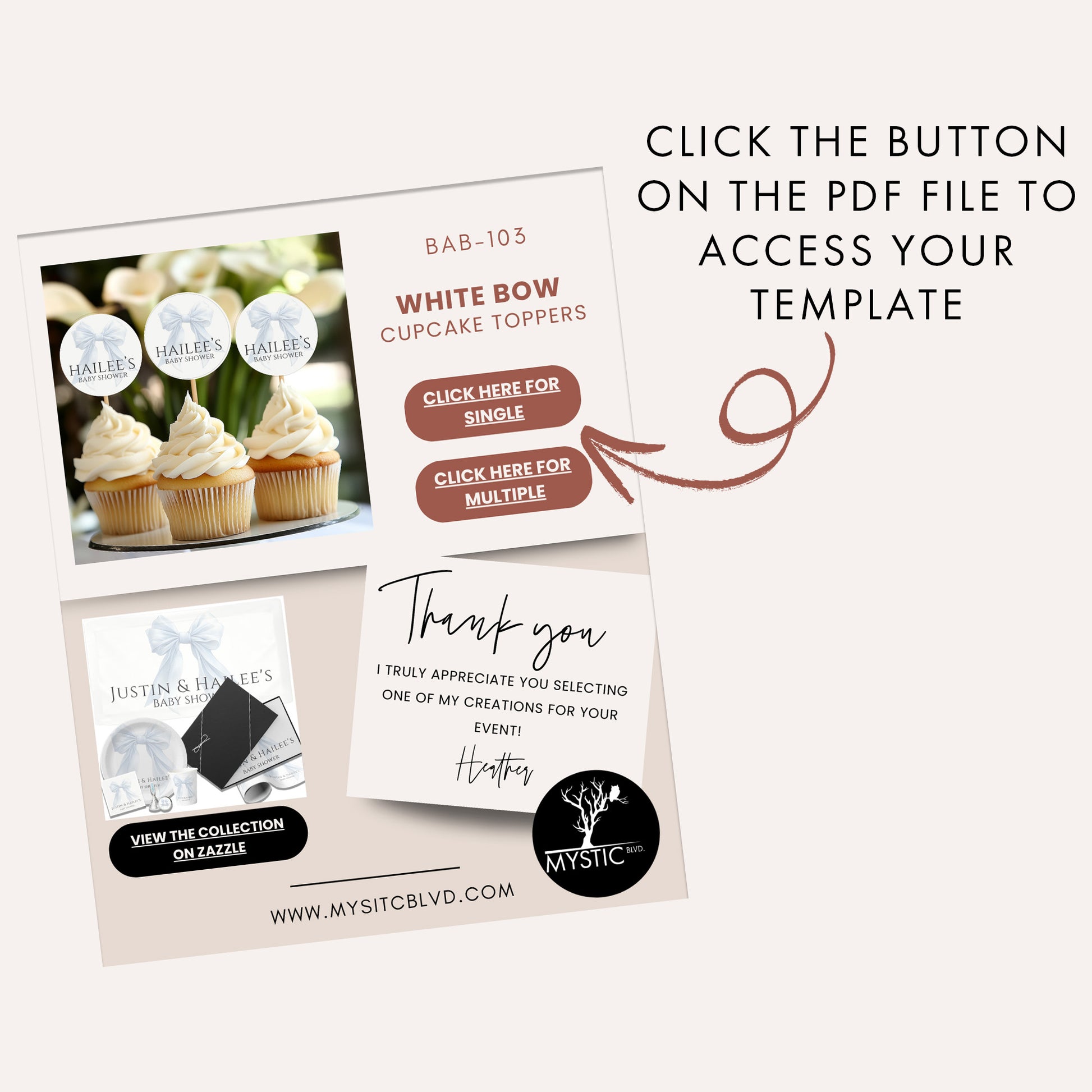 Editable Elegant Pink Bow Baby Shower Cupcake Topper Canva Template