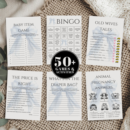 Editable Elegant Blue Bow Baby Shower Game Bundle Canva Template