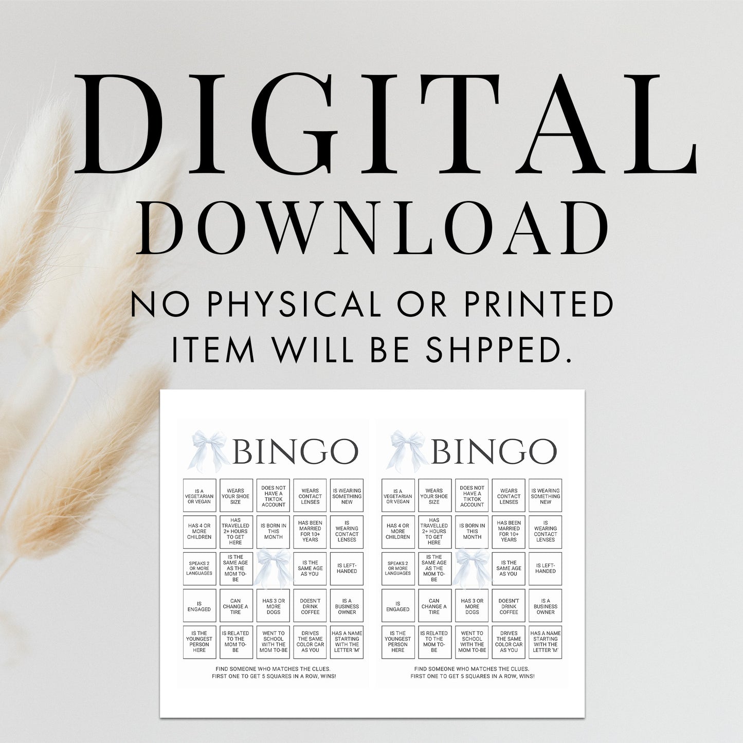 Printable Elegant White Bow Baby Shower Bingo Game