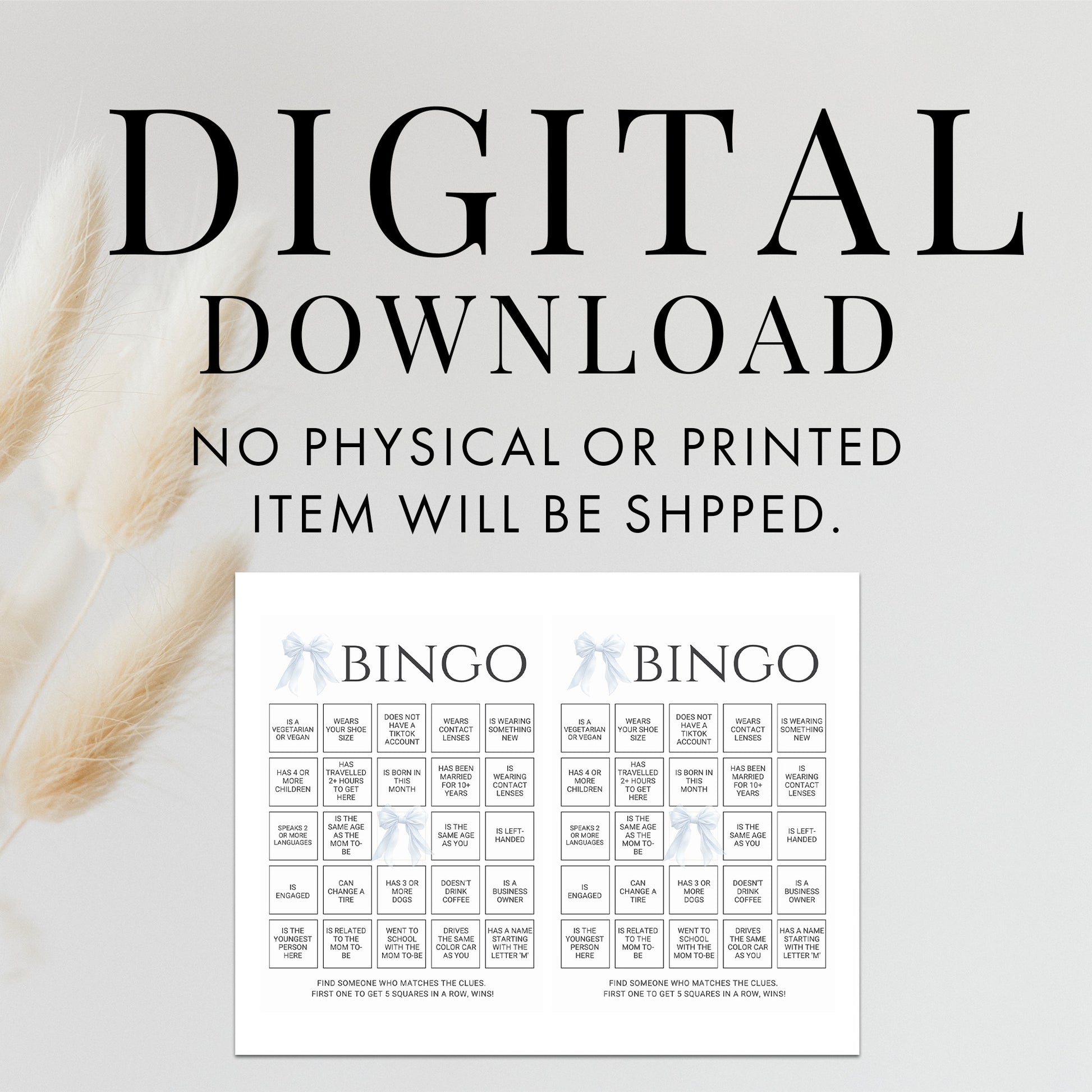 Printable Elegant White Bow Baby Shower Bingo Game