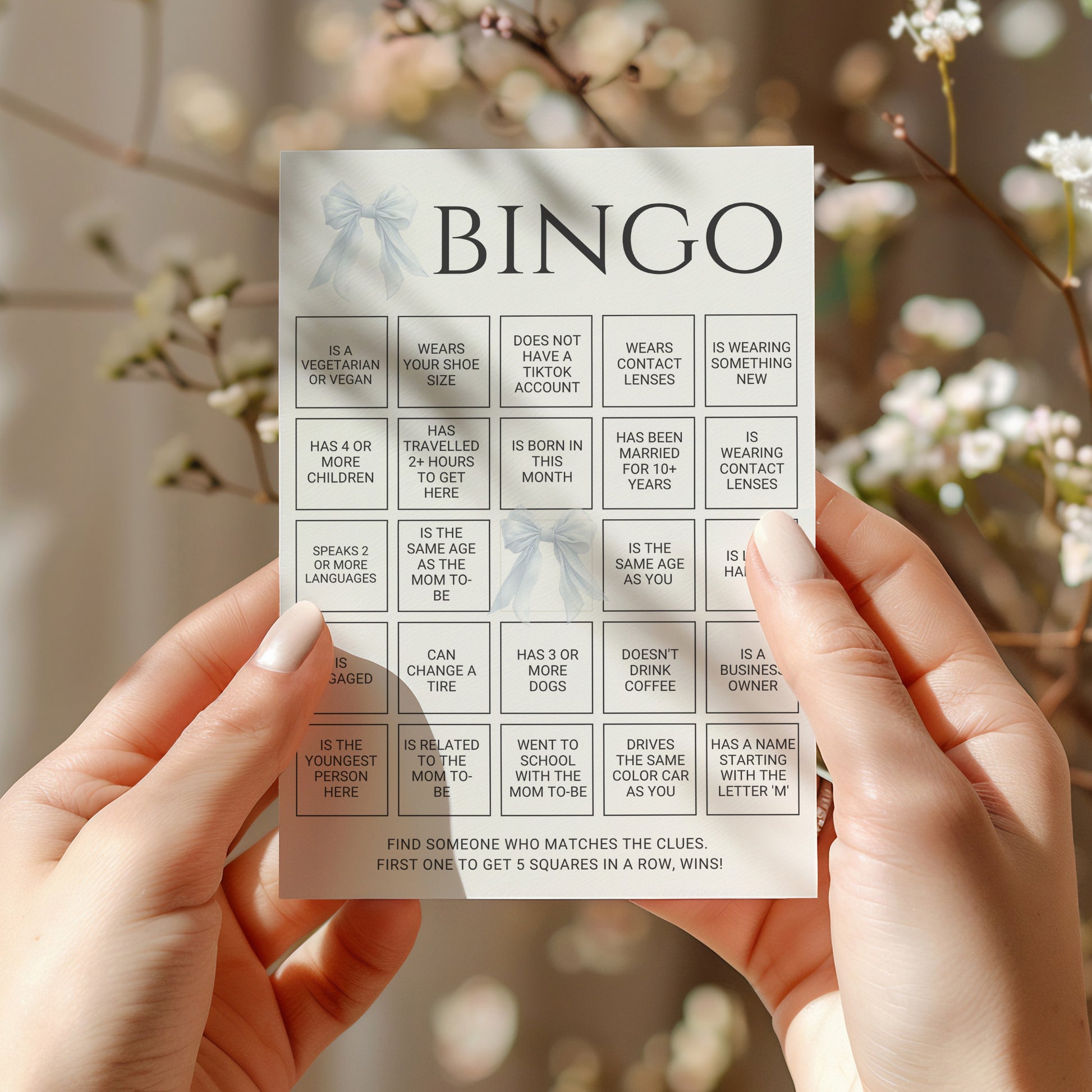 Printable Elegant White Bow Baby Shower Bingo Game