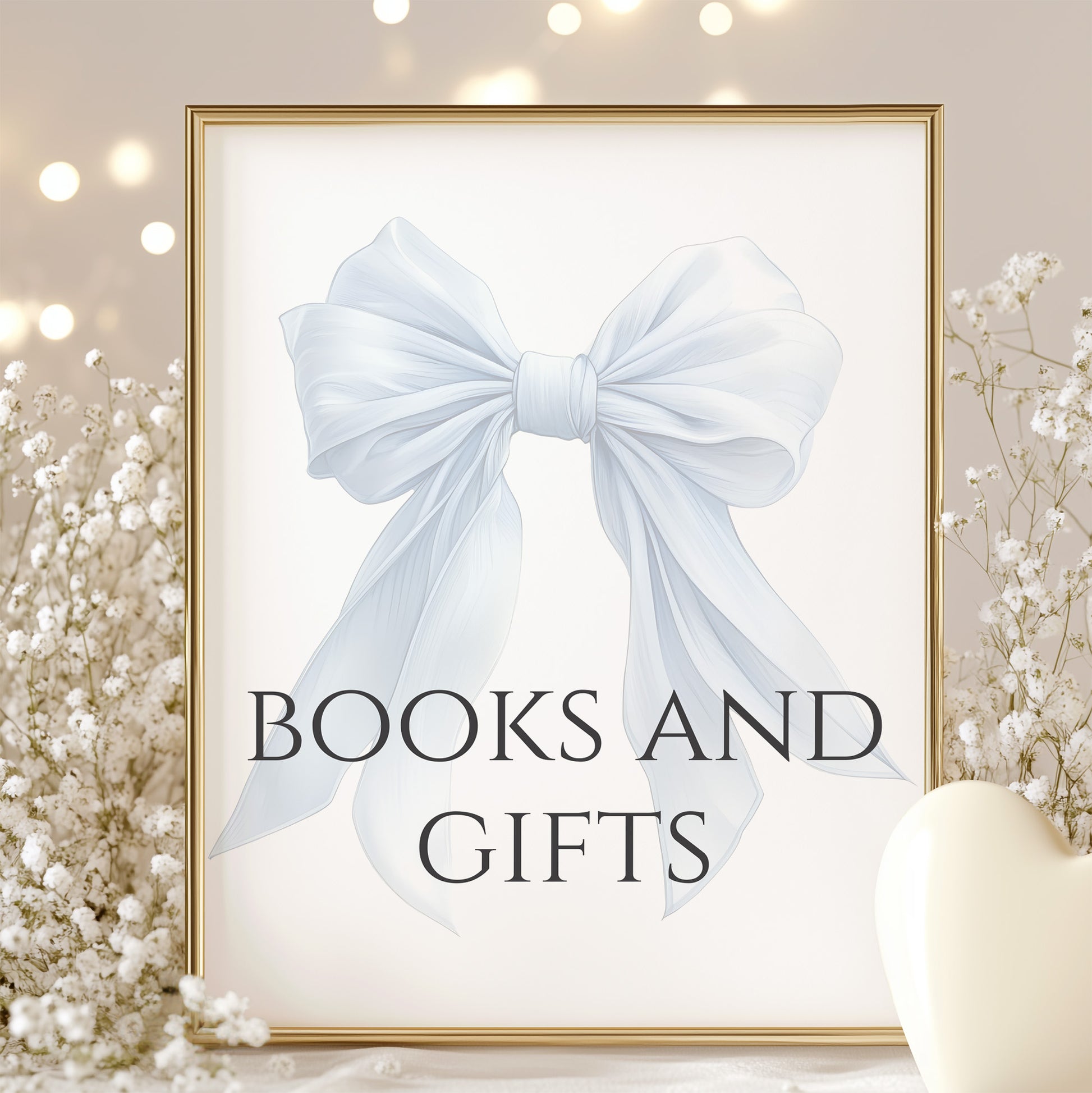 Printable Elegant White Bow Baby Shower Books and Gifts Sign
