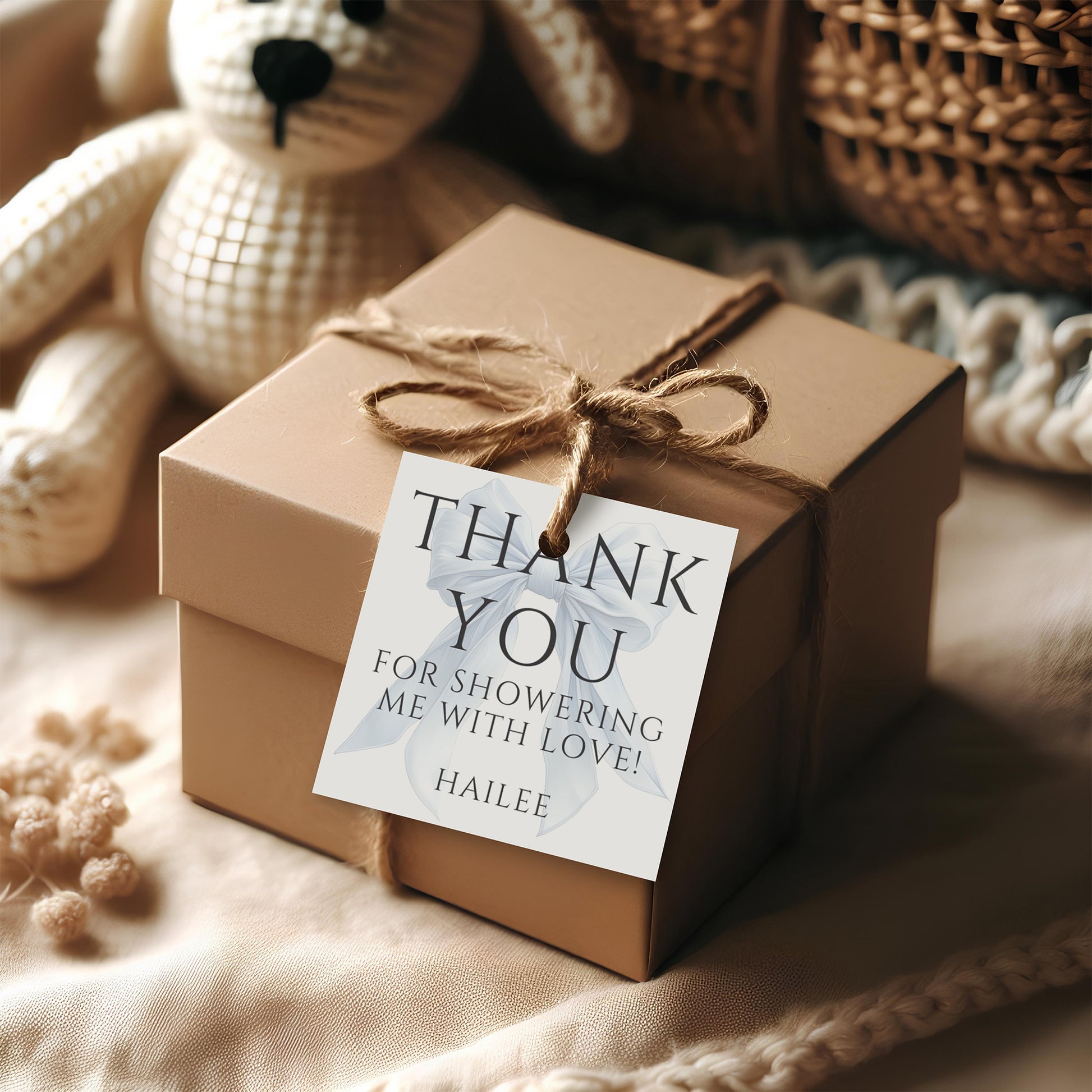 Editable Elegant White Bow Baby Shower Square Favor Tag Canva Template