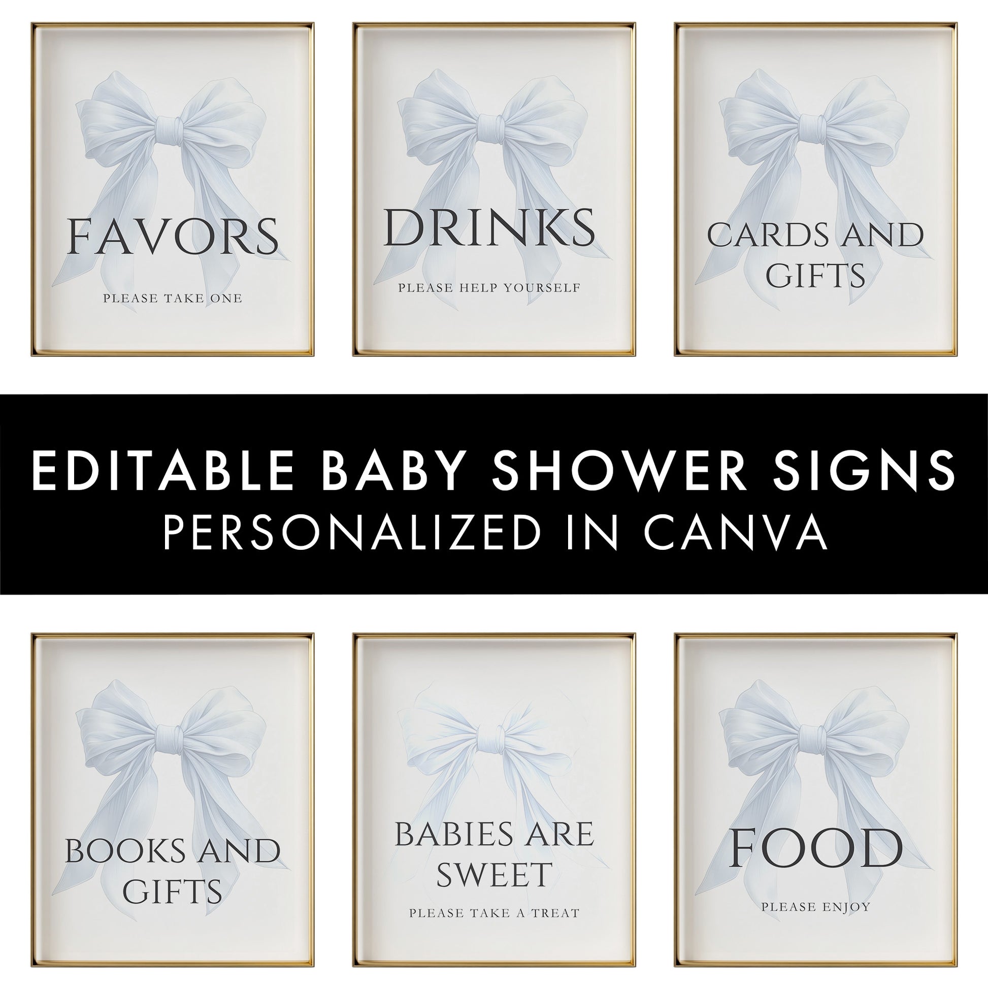 Editable Elegant White Bow Baby Shower Sign Bundle Canva Template