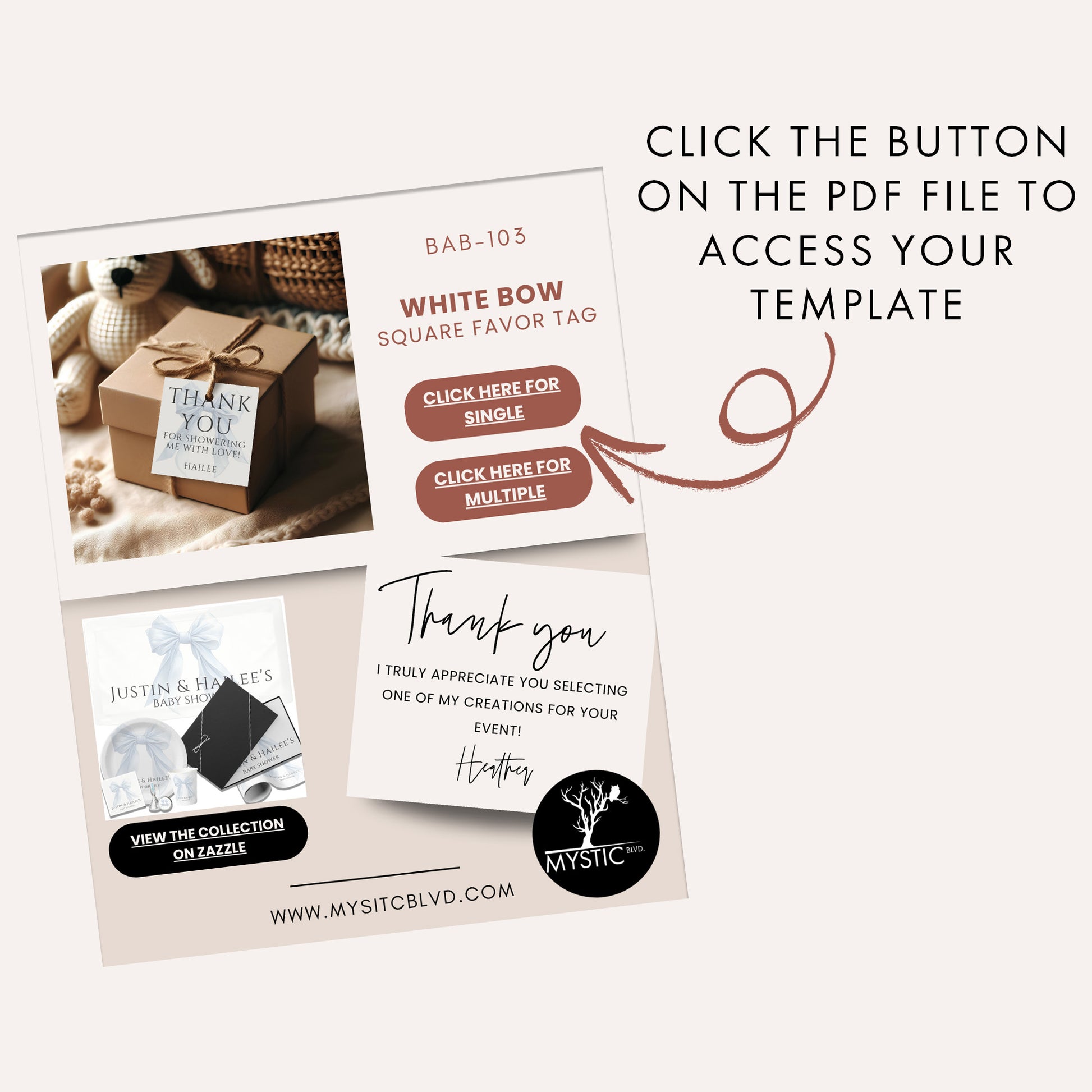Editable Elegant White Bow Baby Shower Square Favor Tag Canva Template