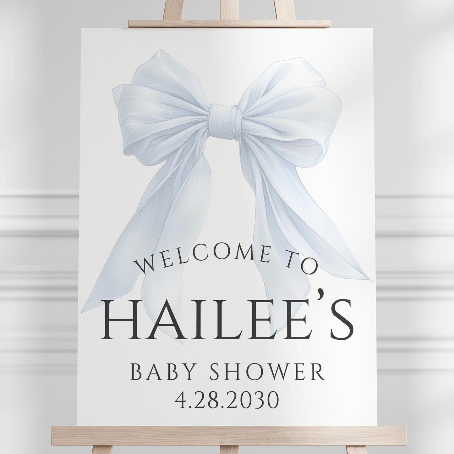 Editable Elegant White Bow Baby Shower Welcome Sign Canva Template