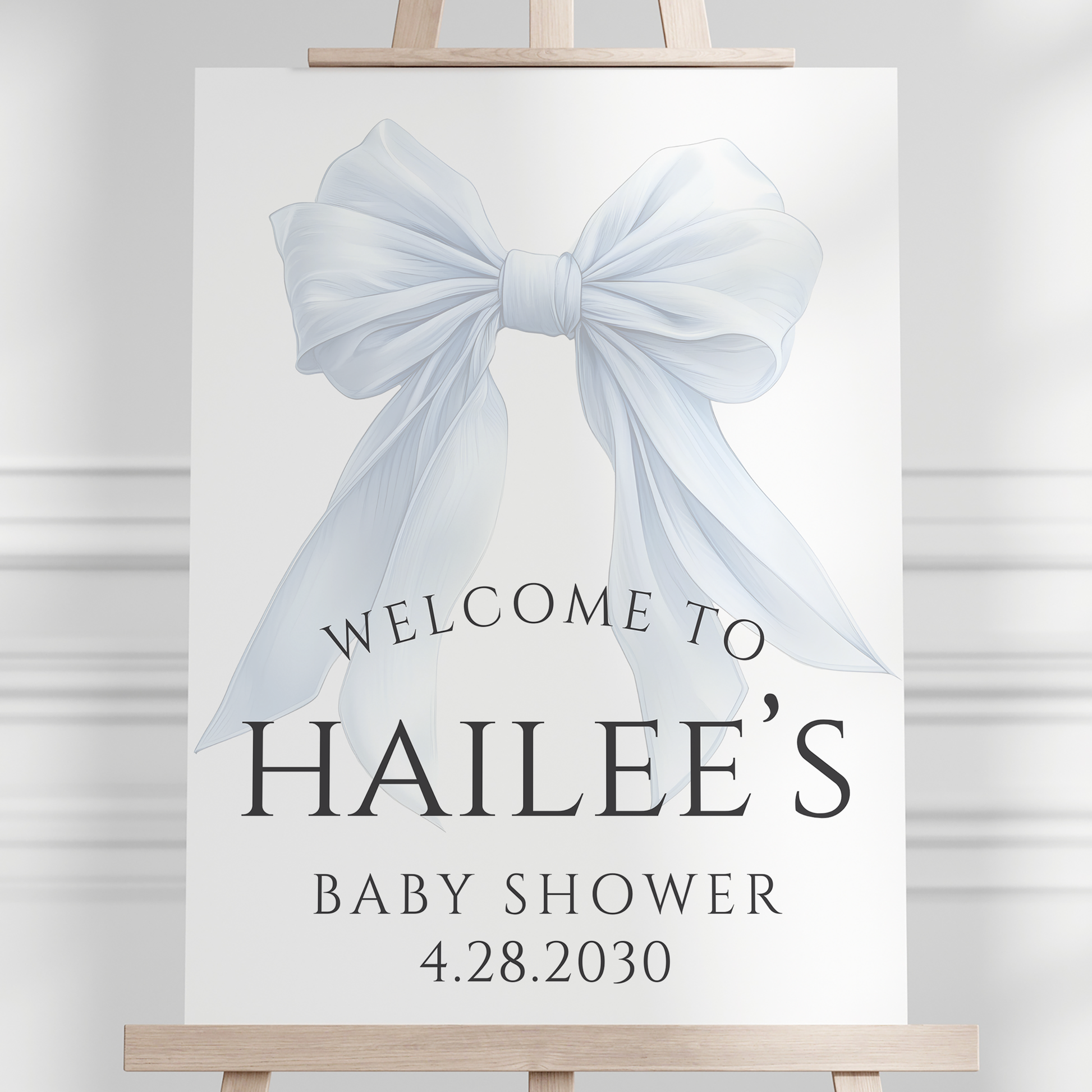 Editable Elegant White Bow Baby Shower Welcome Sign Canva Template