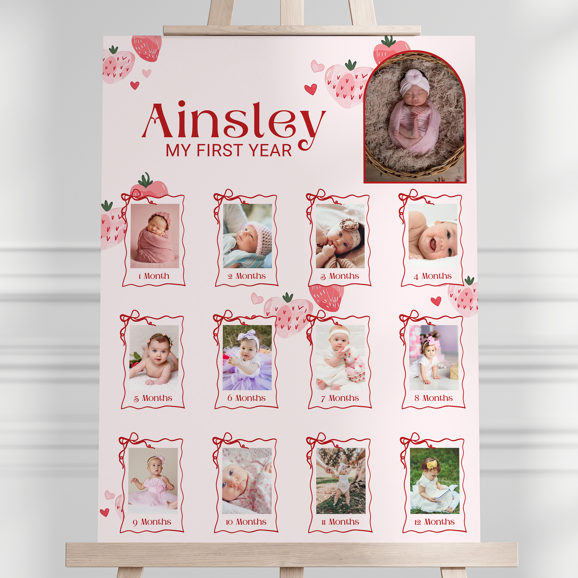Editable Berry First 1st Birthday Milestone Sign Canva Template