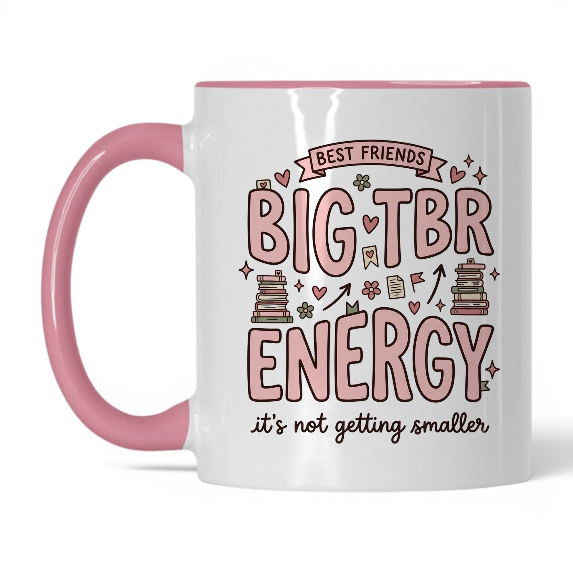 Best Friends & Big TBR Energy doodle 11oz White Pink coffee mug