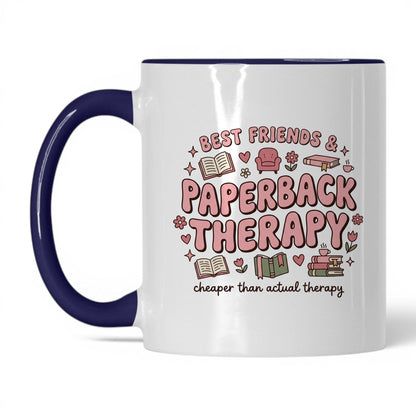 Best Friends & Paperback Therapy doodle 11oz White Midnight Blue coffee mug