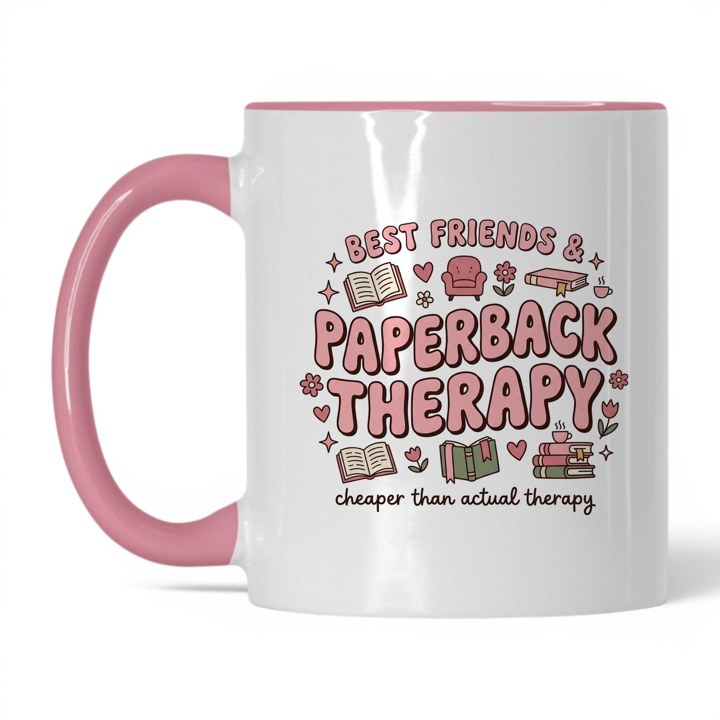 Best Friends & Paperback Therapy doodle 11oz White Pink coffee mug