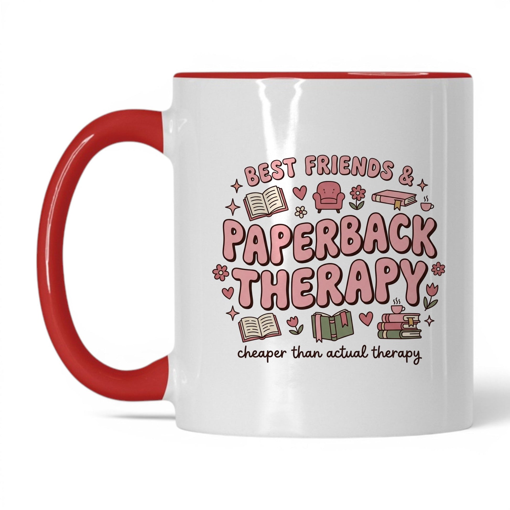 Best Friends & Paperback Therapy doodle 11oz White Red coffee mug
