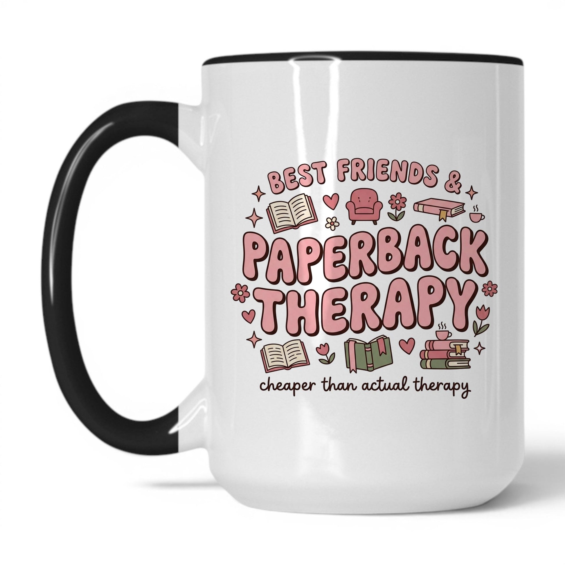 Best Friends & Paperback Therapy doodle 15oz White Black coffee mug