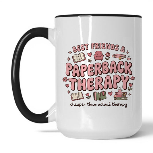 Best Friends & Paperback Therapy doodle 15oz White Black coffee mug