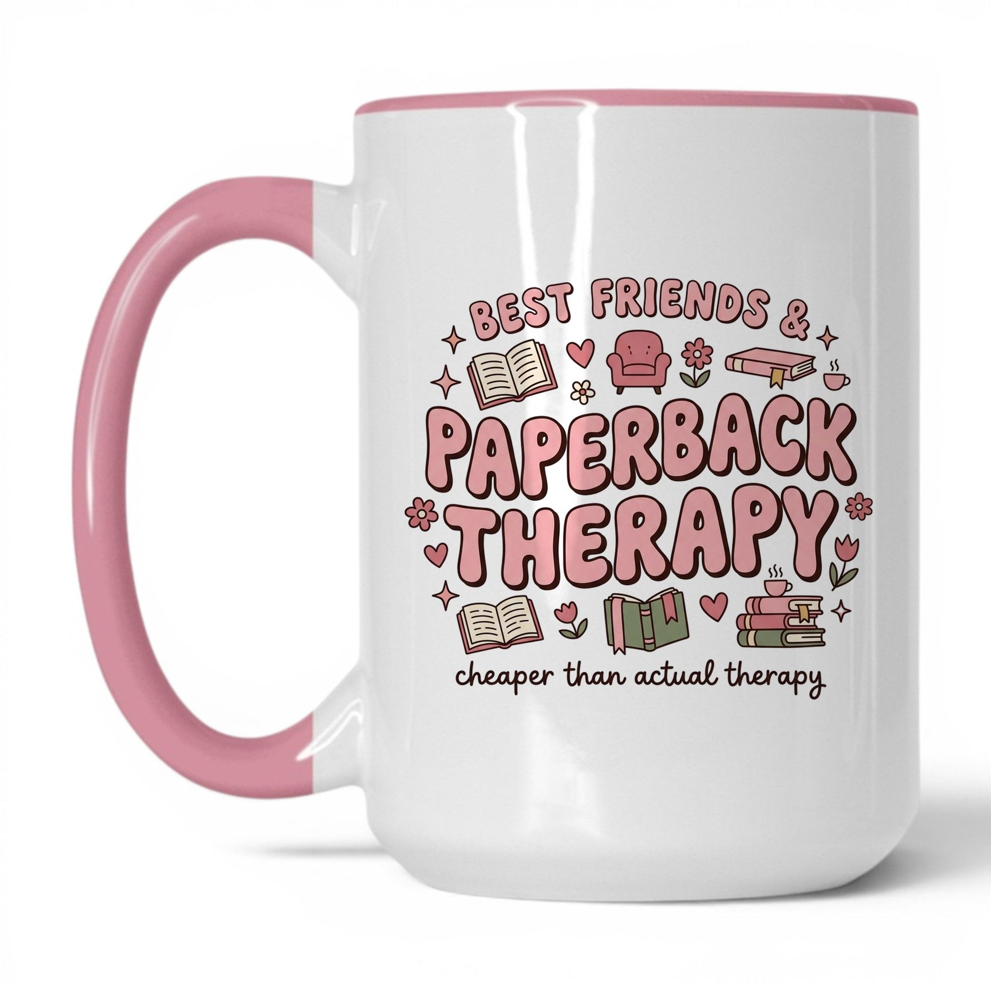 Best Friends & Paperback Therapy doodle 15oz White Pink coffee mug