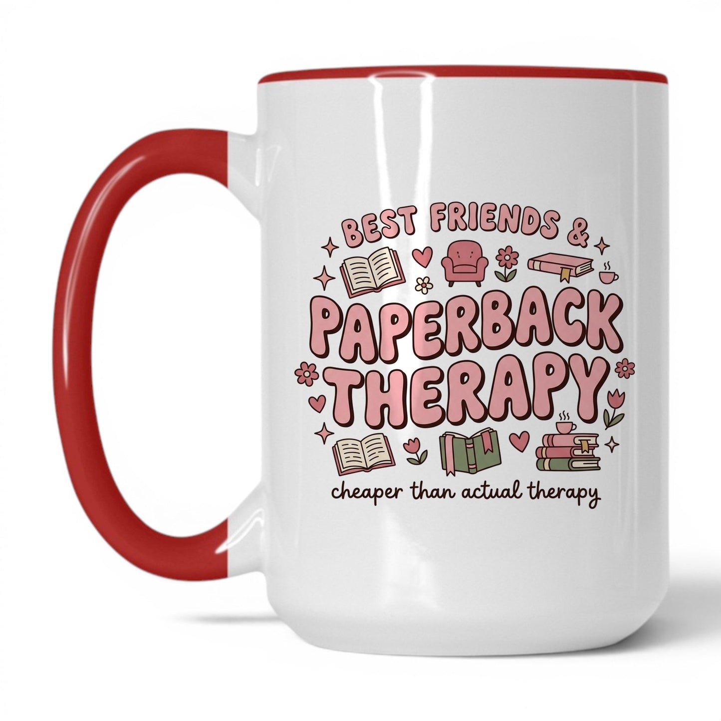 Best Friends & Paperback Therapy doodle 15oz White Red coffee mug