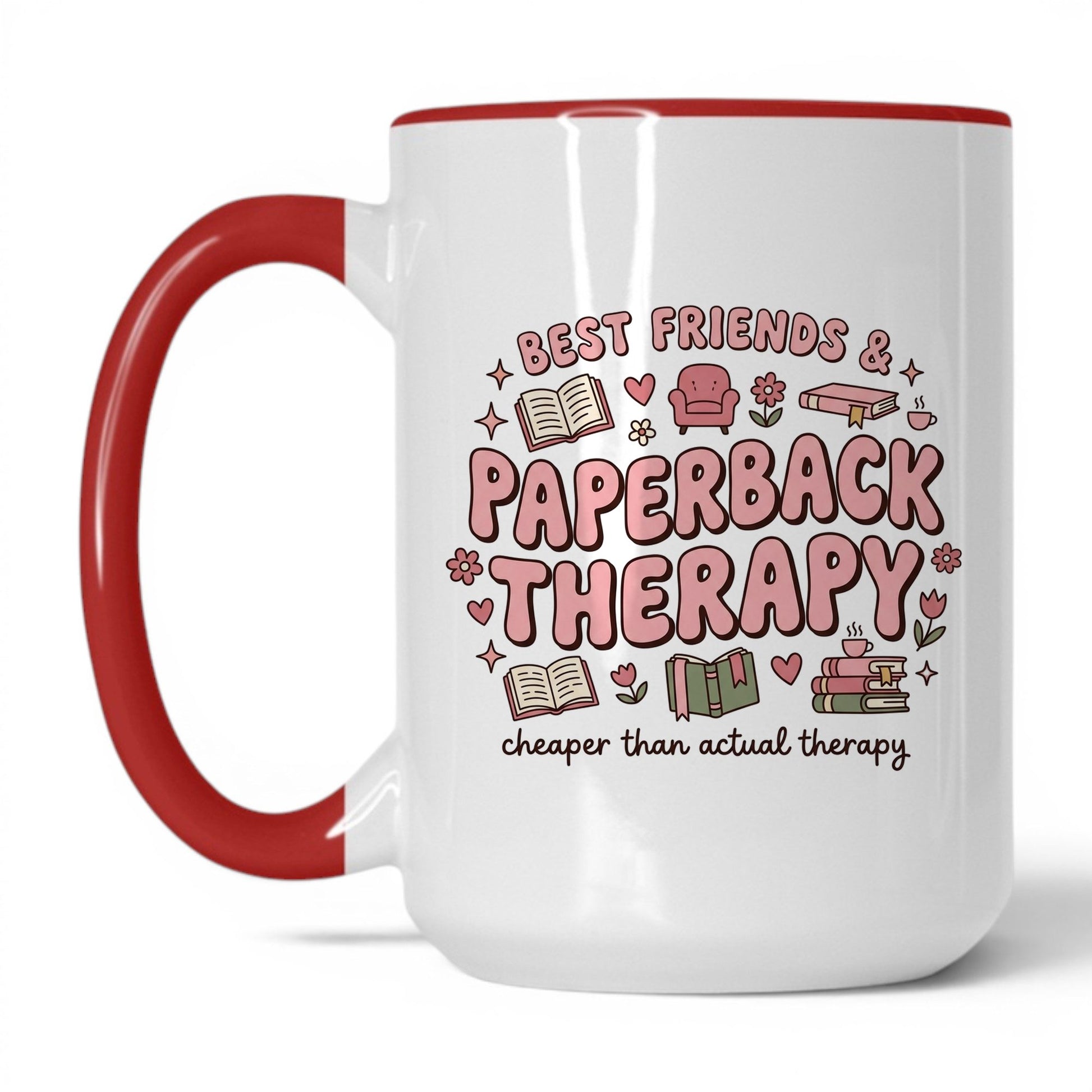 Best Friends & Paperback Therapy doodle 15oz White Red coffee mug
