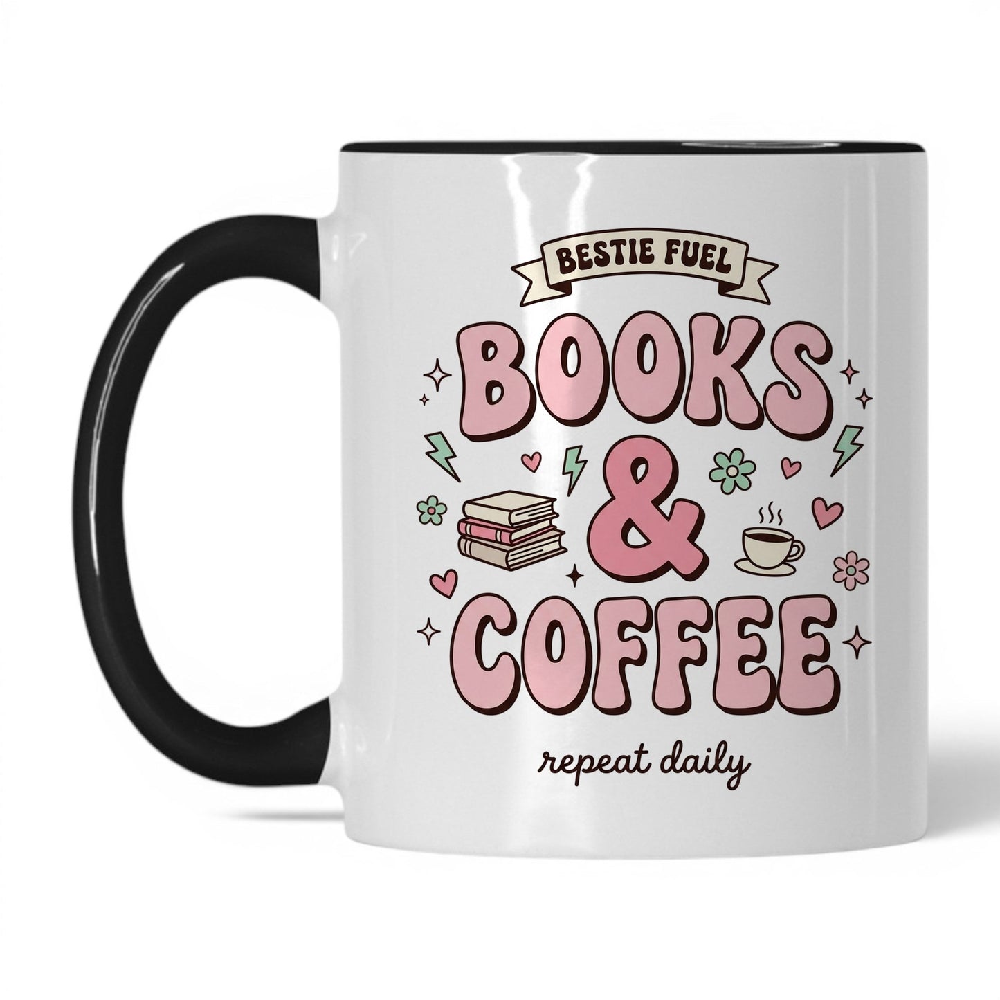Bestie Fuel Books & Coffee doodle 11oz White Black coffee mug