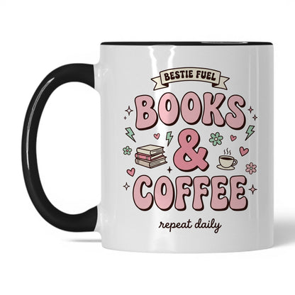 Bestie Fuel Books & Coffee doodle 11oz White Black coffee mug