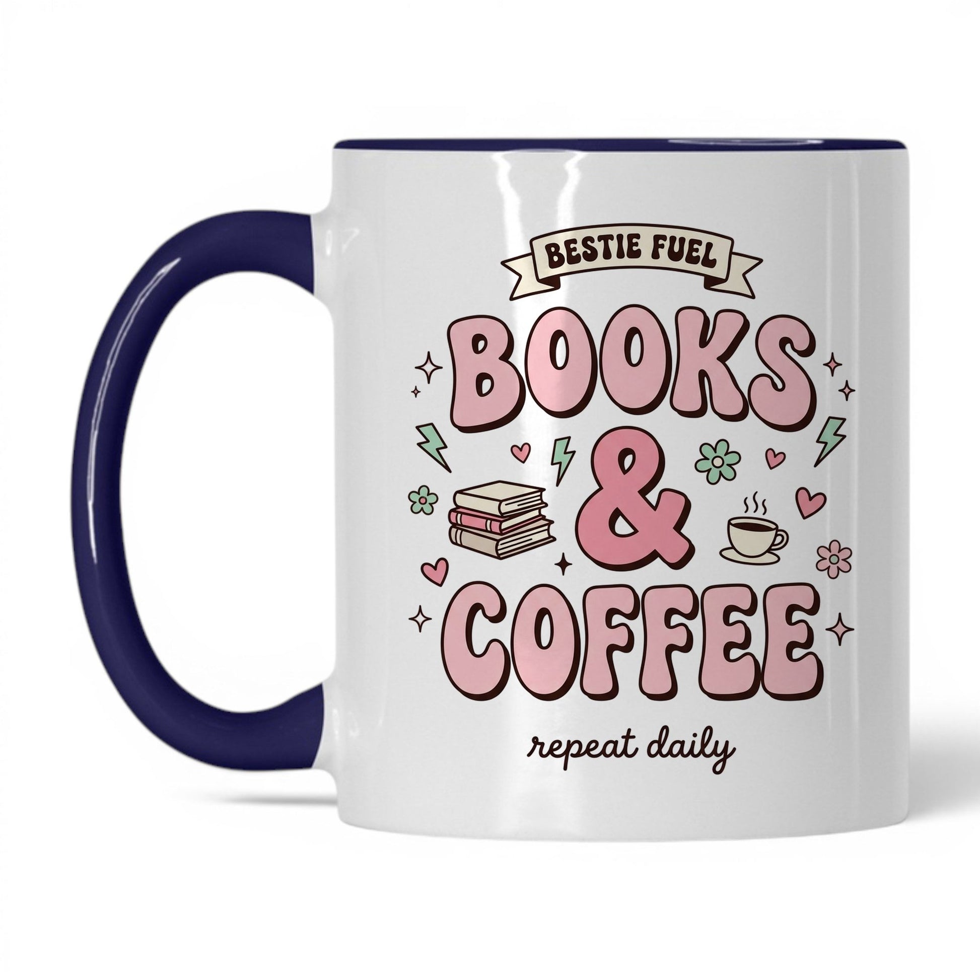 Bestie Fuel Books & Coffee doodle 11oz White Midnight Blue coffee mug