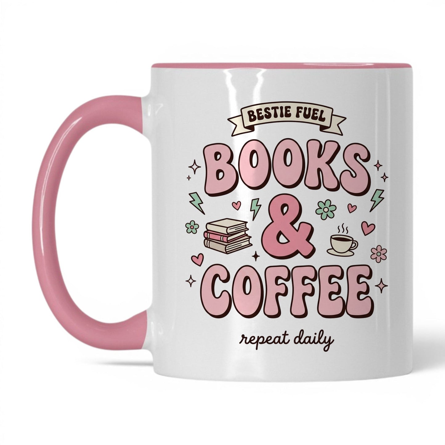 Bestie Fuel Books & Coffee doodle 11oz White Pink coffee mug