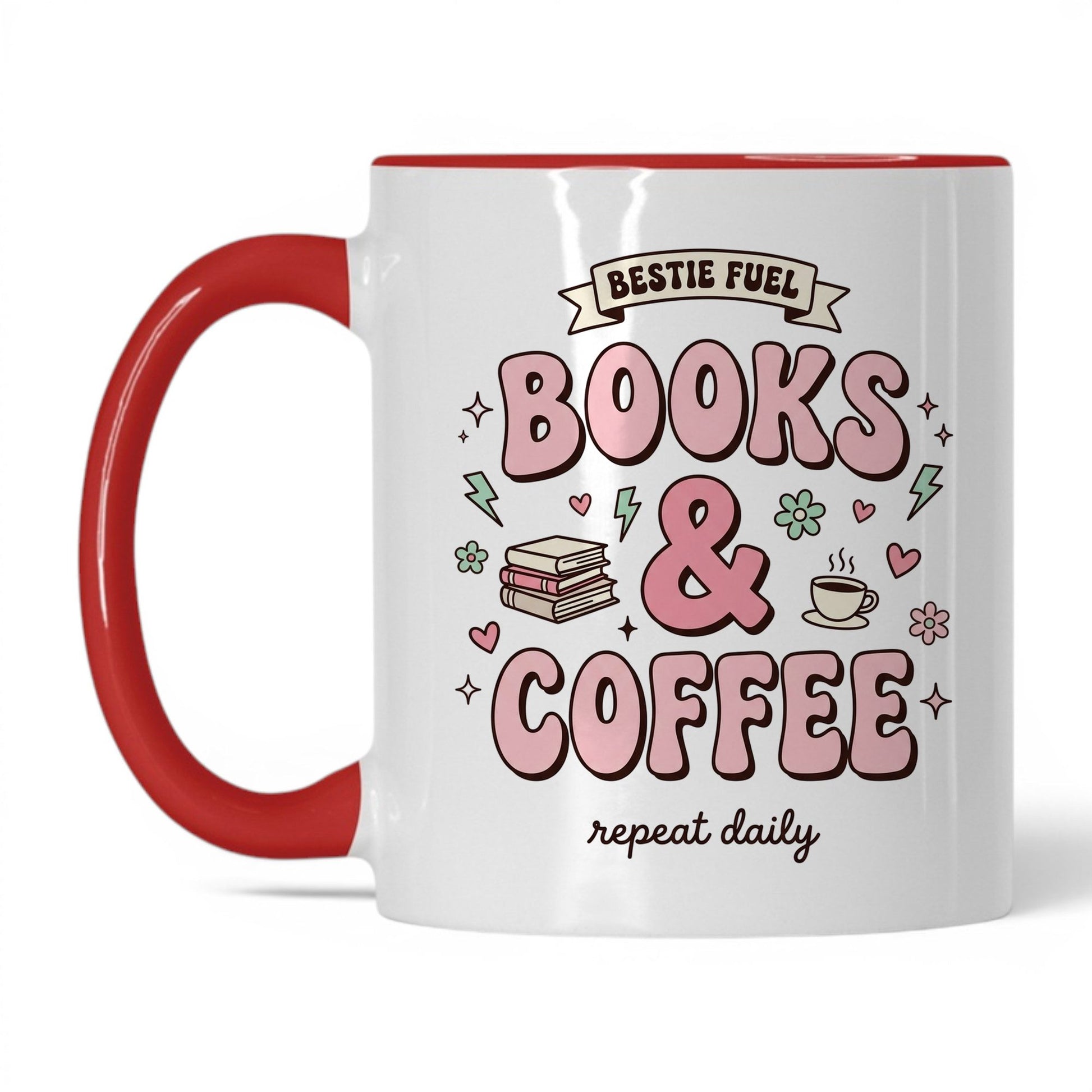 Bestie Fuel Books & Coffee doodle 11oz White Red coffee mug