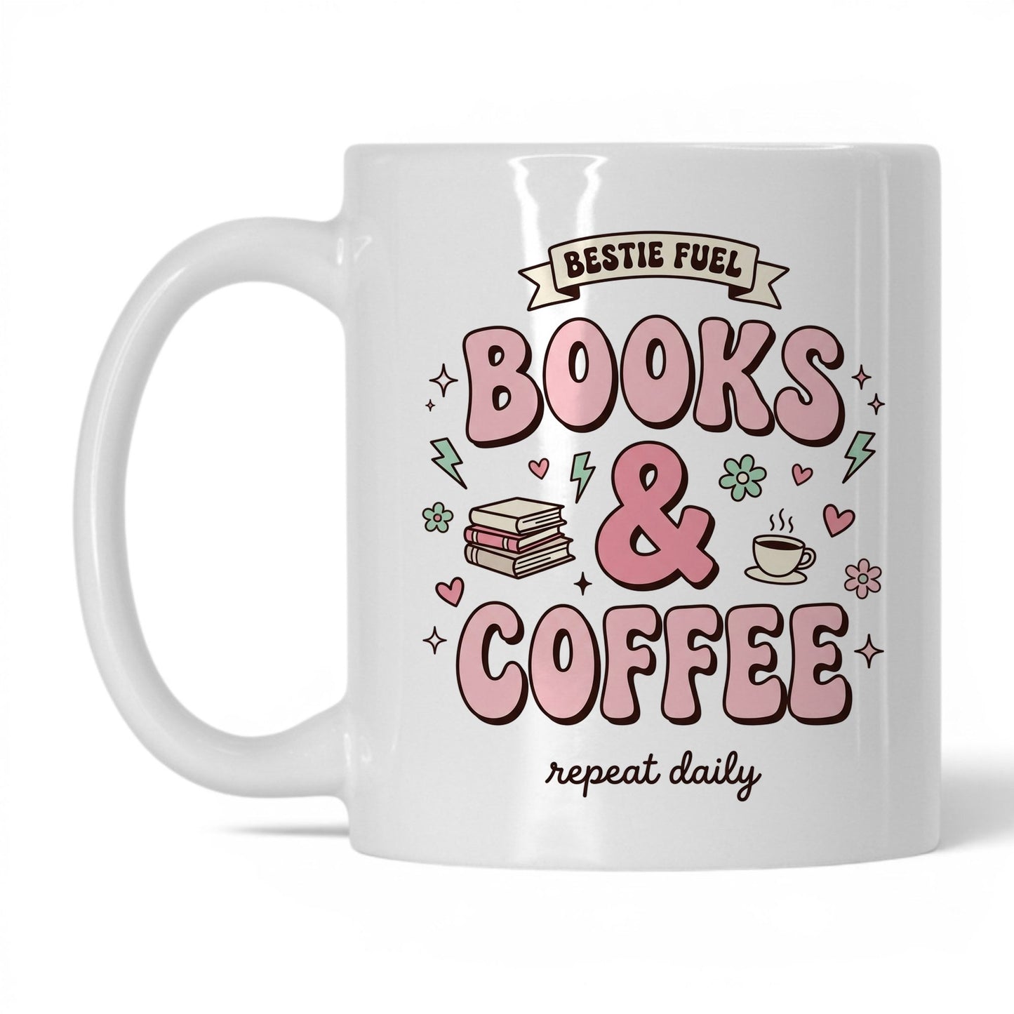 Bestie Fuel Books & Coffee doodle 11oz White coffee mug