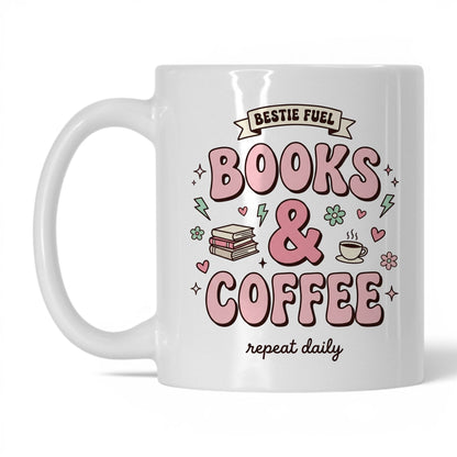 Bestie Fuel Books & Coffee doodle 11oz White coffee mug