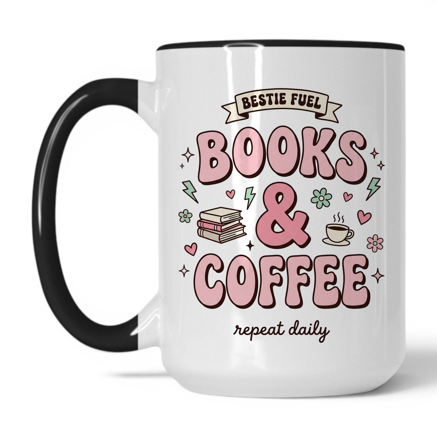 Bestie Fuel Books & Coffee doodle 15oz White Black coffee mug