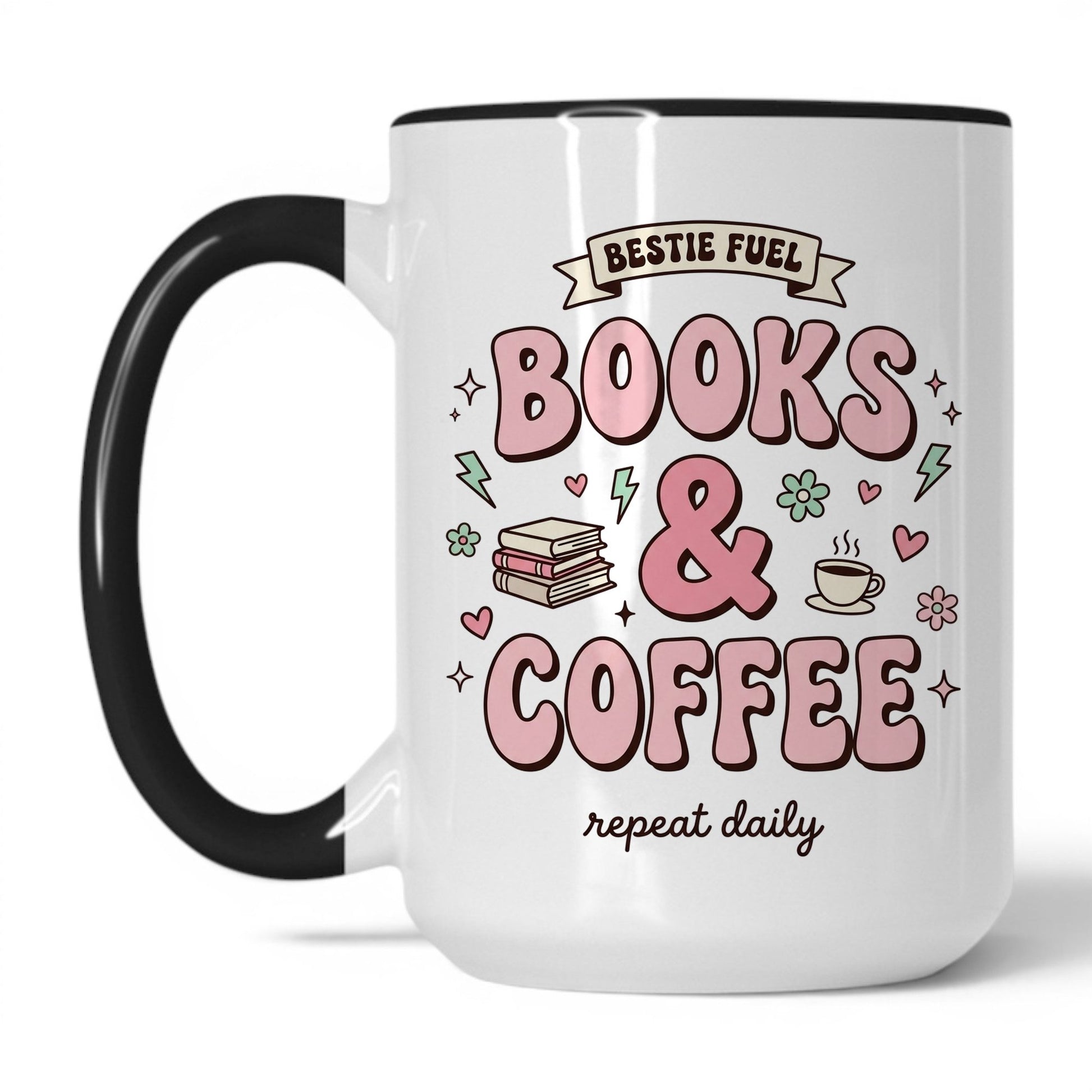 Bestie Fuel Books & Coffee doodle 15oz White Black coffee mug