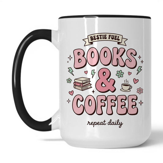 Bestie Fuel Books & Coffee doodle 15oz White Black coffee mug