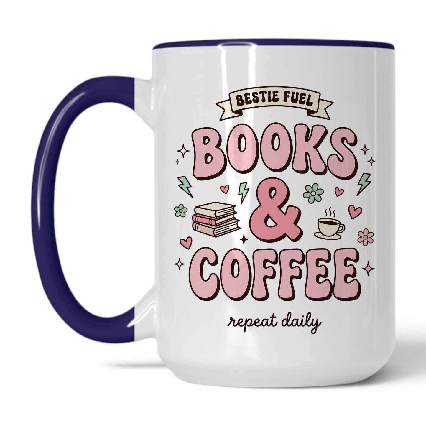 Bestie Fuel Books & Coffee doodle 15oz White Midnight Blue coffee mug