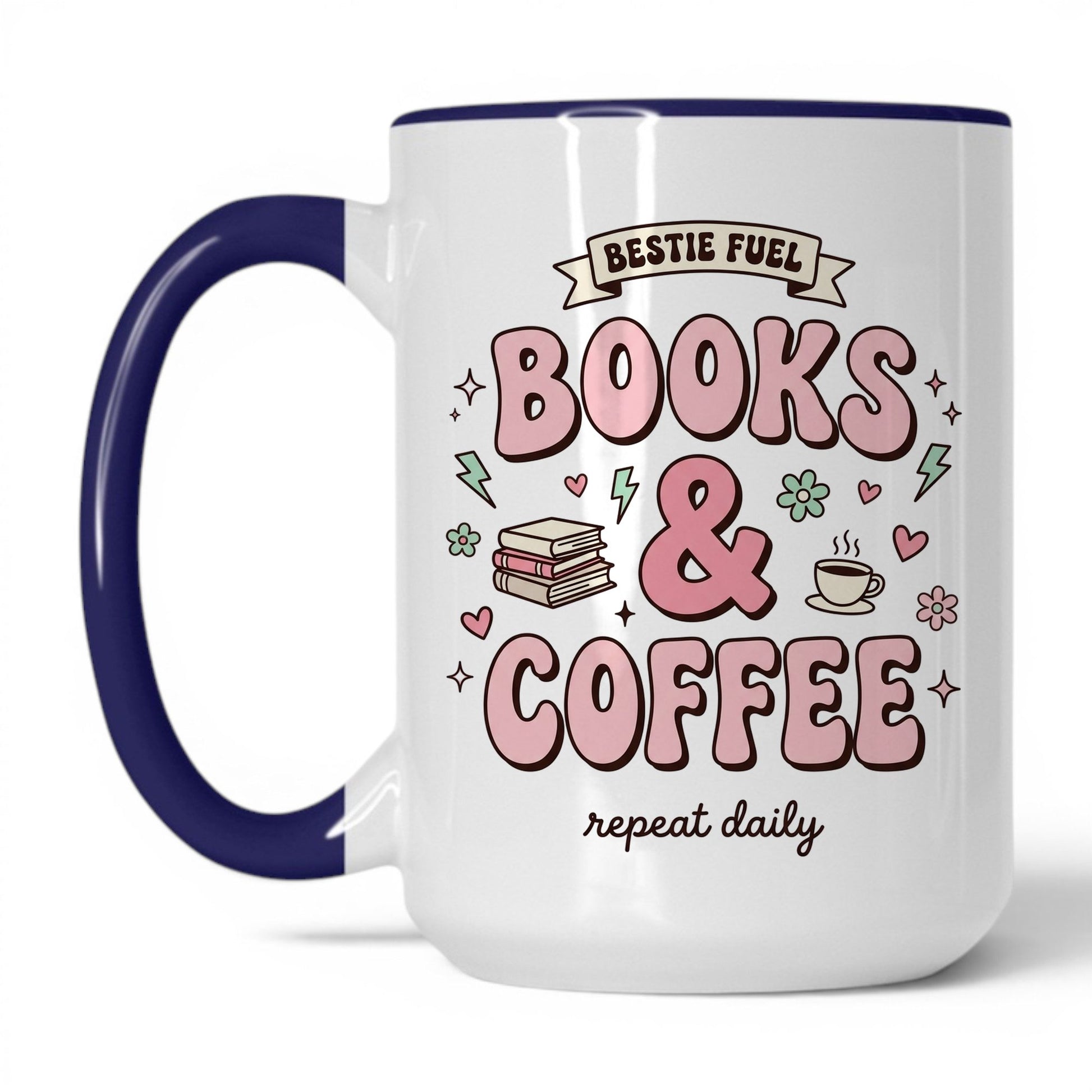 Bestie Fuel Books & Coffee doodle 15oz White Midnight Blue coffee mug