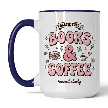 Bestie Fuel Books & Coffee doodle 15oz White Midnight Blue coffee mug