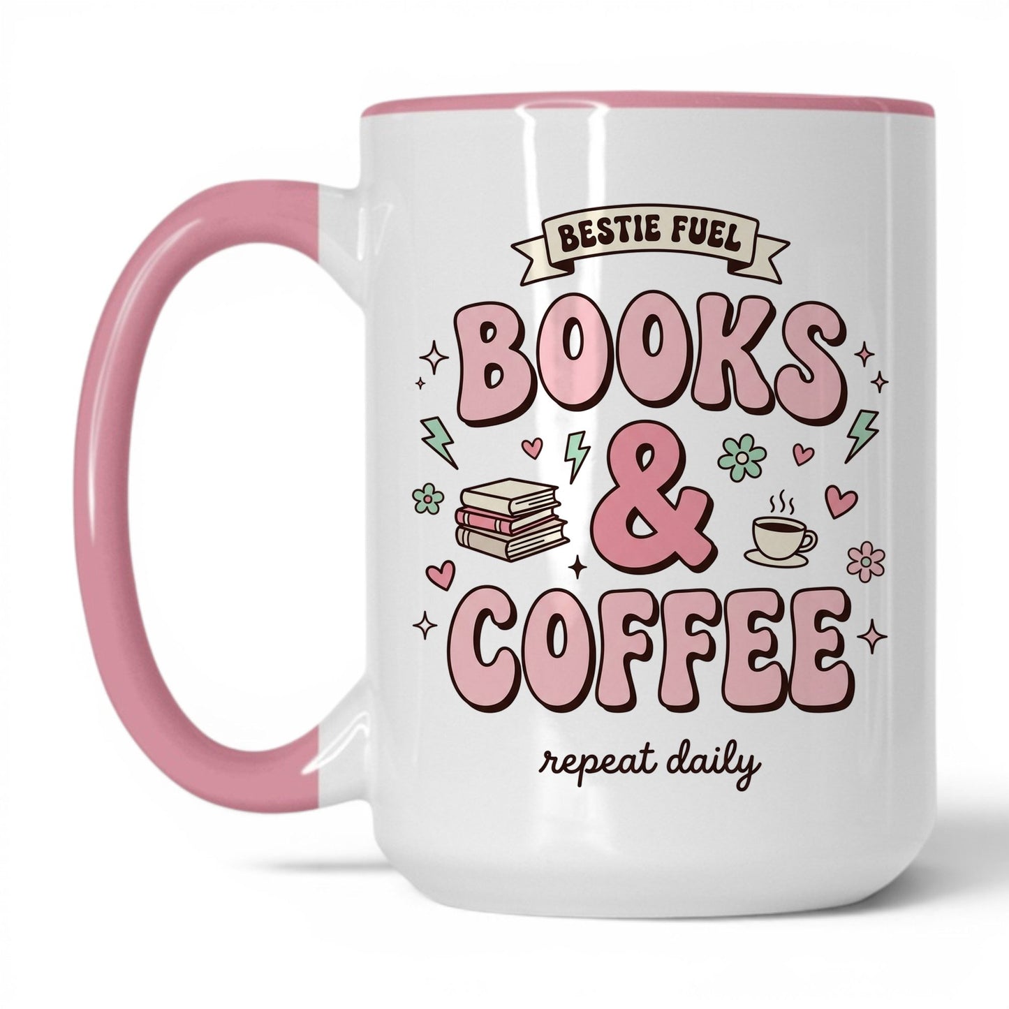 Bestie Fuel Books & Coffee doodle 15oz White Pink coffee mug