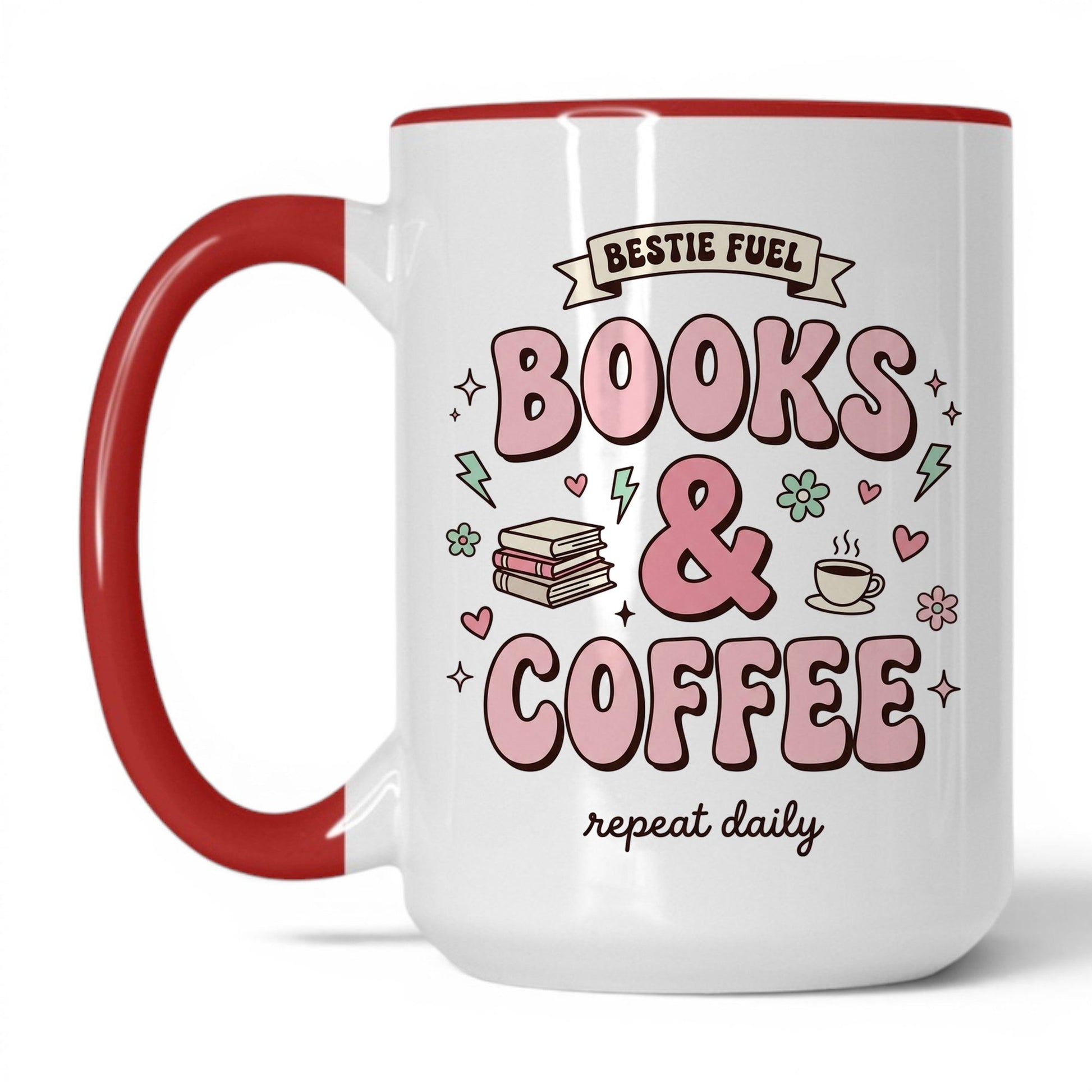 Bestie Fuel Books & Coffee doodle 15oz White Red coffee mug