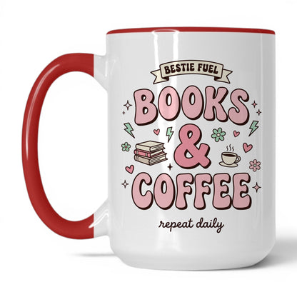 Bestie Fuel Books & Coffee doodle 15oz White Red coffee mug