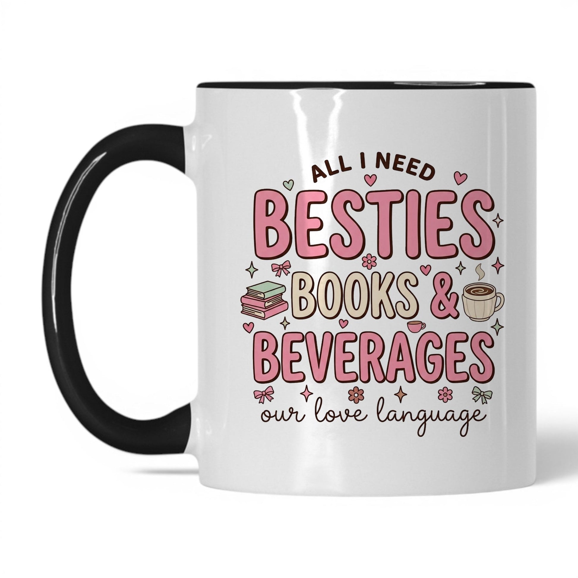 Besties, Books & Beverages doodle 11oz White Black coffee mug
