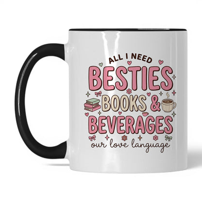 Besties, Books & Beverages doodle 11oz White Black coffee mug