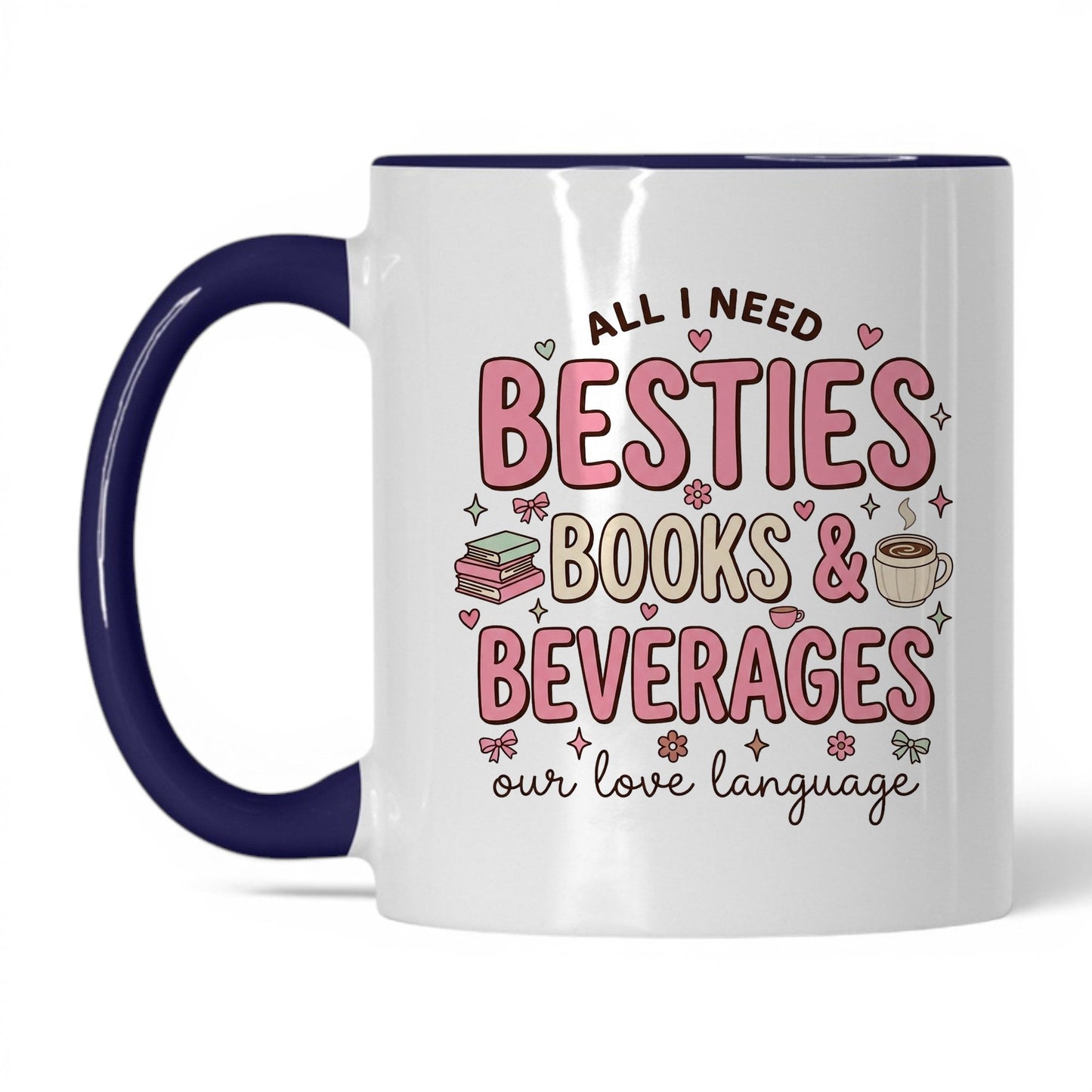 Besties, Books & Beverages doodle 11oz White Midnight Blue coffee mug