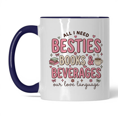 Besties, Books & Beverages doodle 11oz White Midnight Blue coffee mug