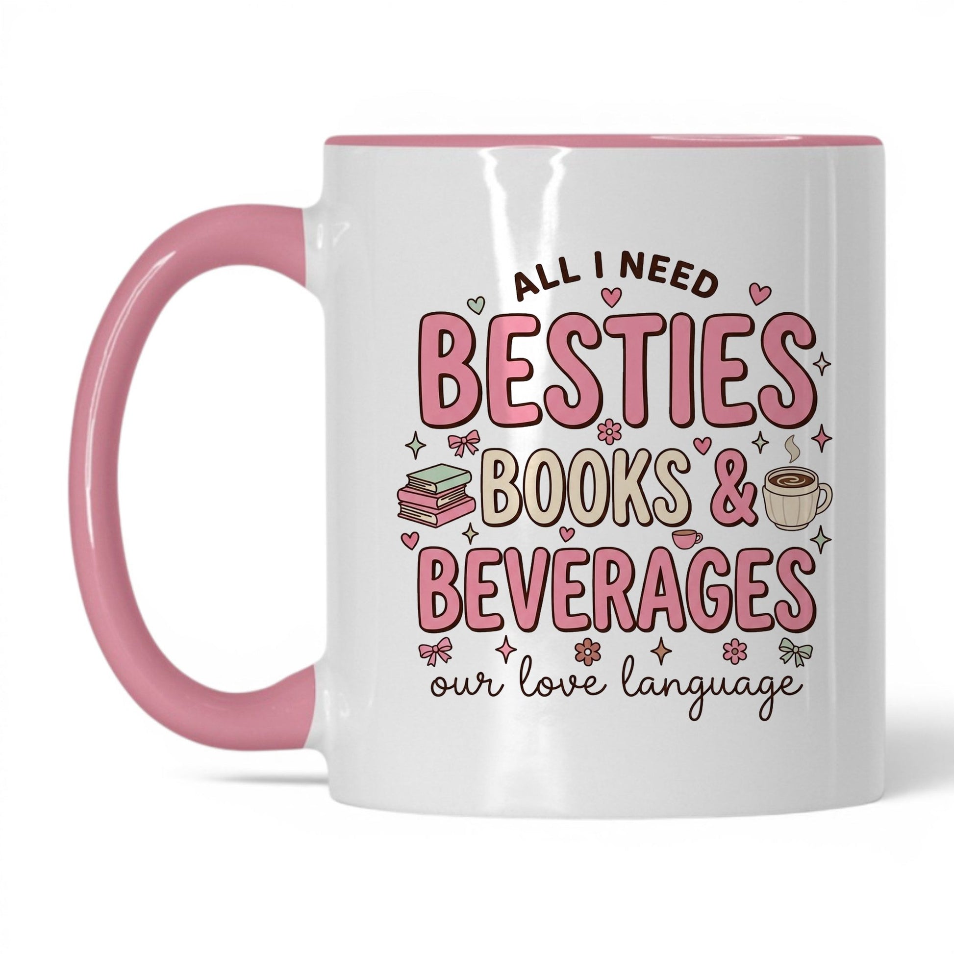 Besties, Books & Beverages doodle 11oz White Pink coffee mug