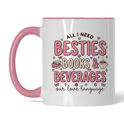 Besties, Books & Beverages doodle 11oz White Pink coffee mug