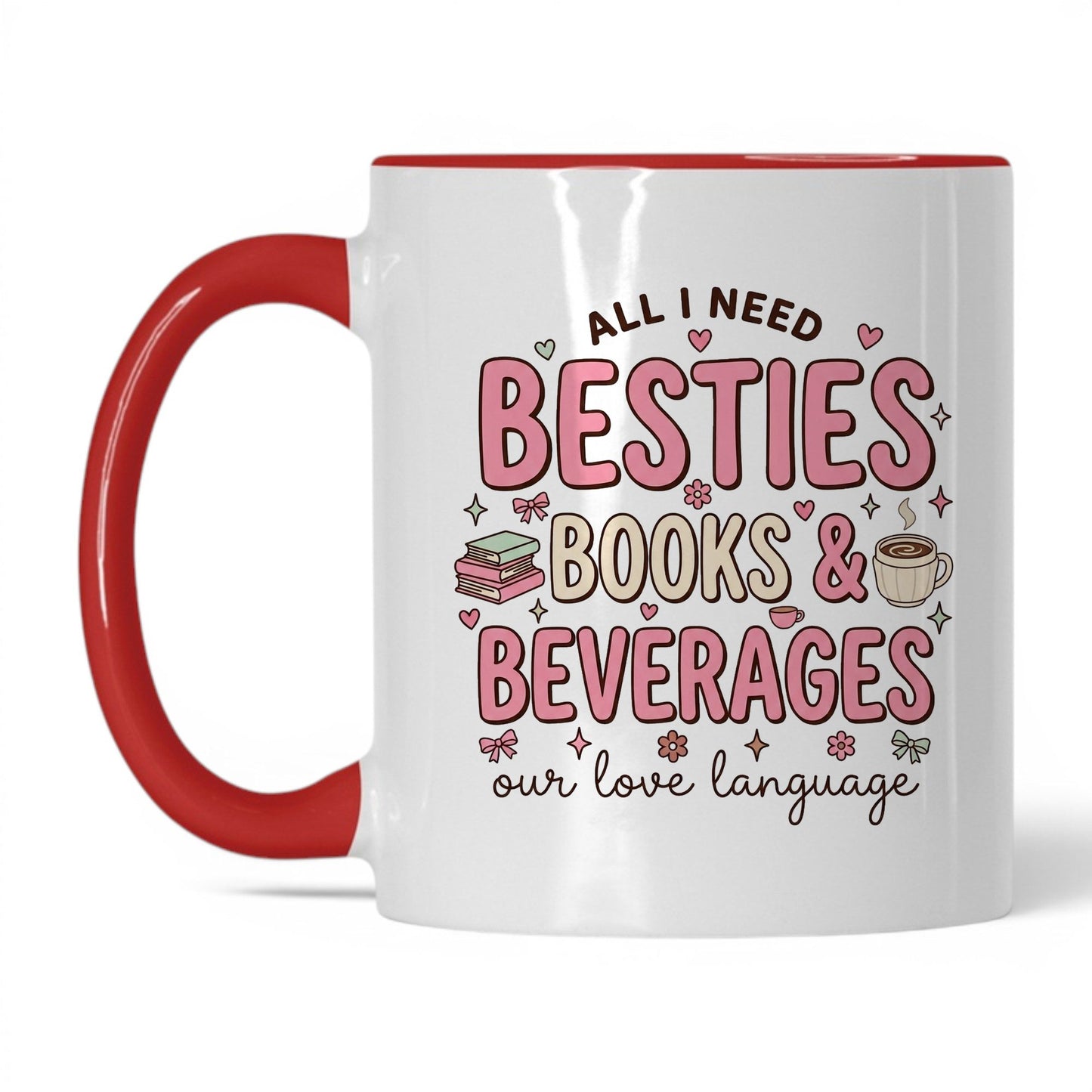 Besties, Books & Beverages doodle 11oz White Red coffee mug