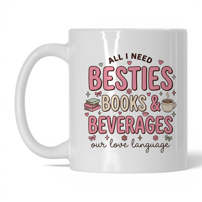 Besties, Books & Beverages doodle 11oz White coffee mug