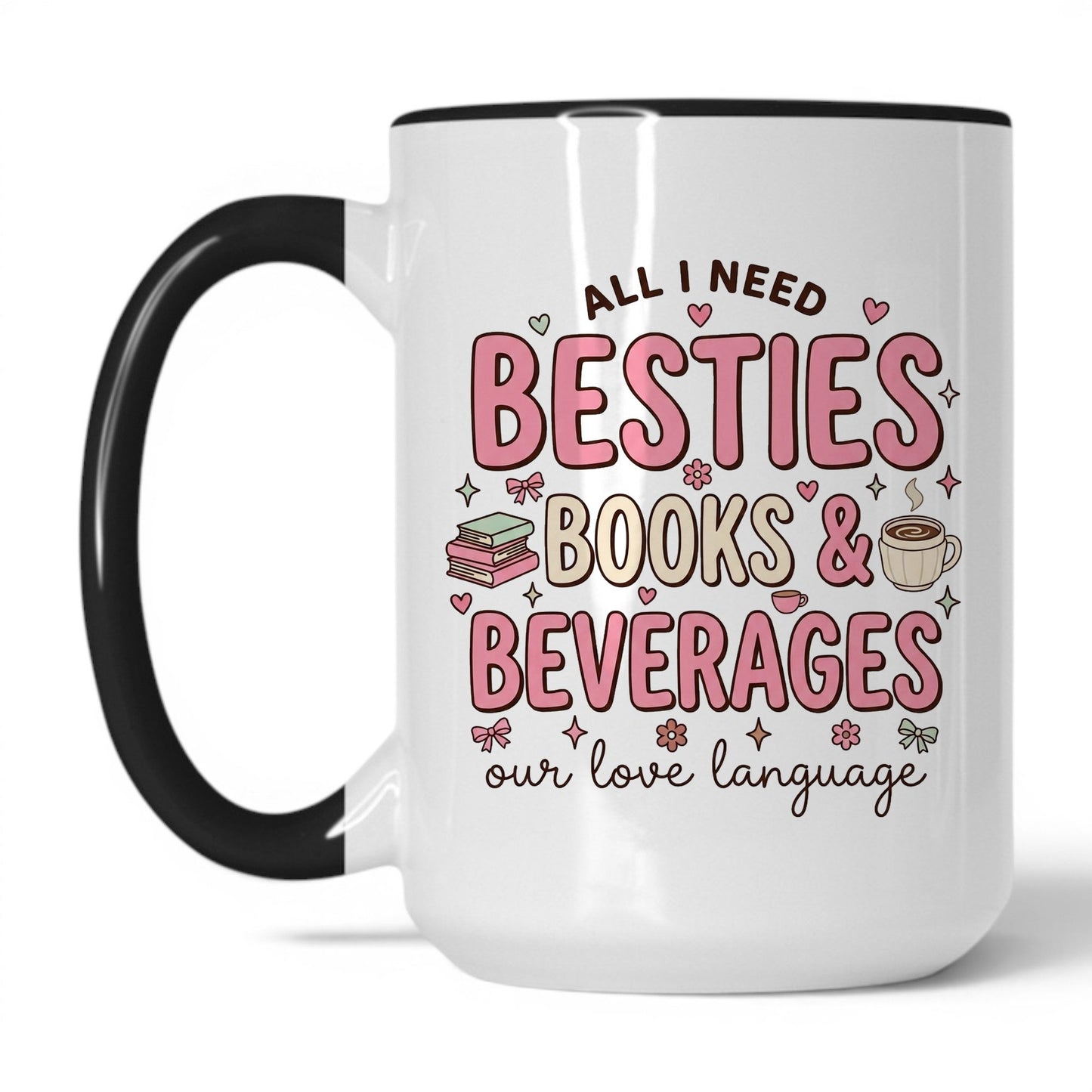 Besties, Books & Beverages doodle 15oz White Black coffee mug