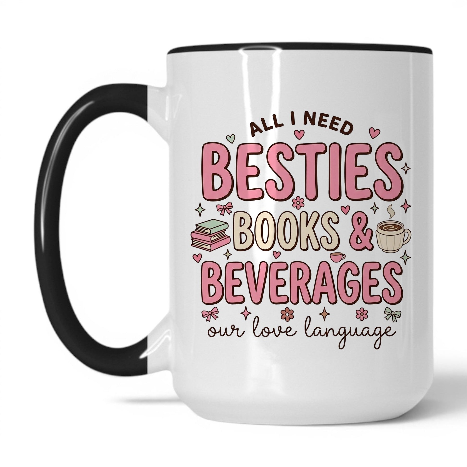 Besties, Books & Beverages doodle 15oz White Black coffee mug