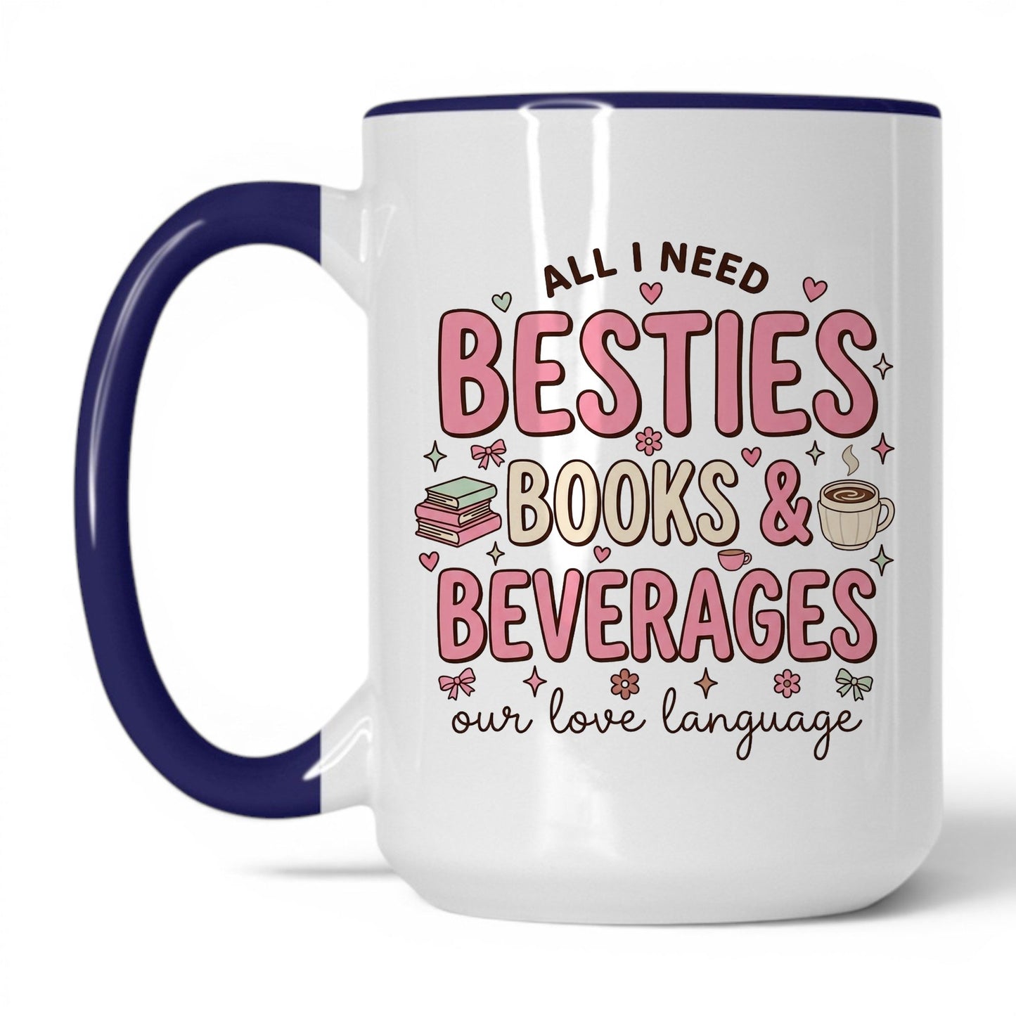 Besties, Books & Beverages doodle 15oz White Midnight Blue coffee mug